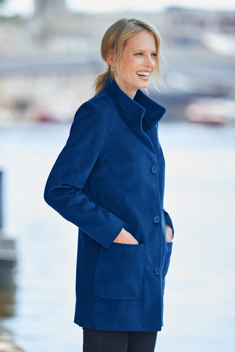 Lily Ella Collection elegant navy blue corduroy jacket for women, casual chic style, waterfront setting