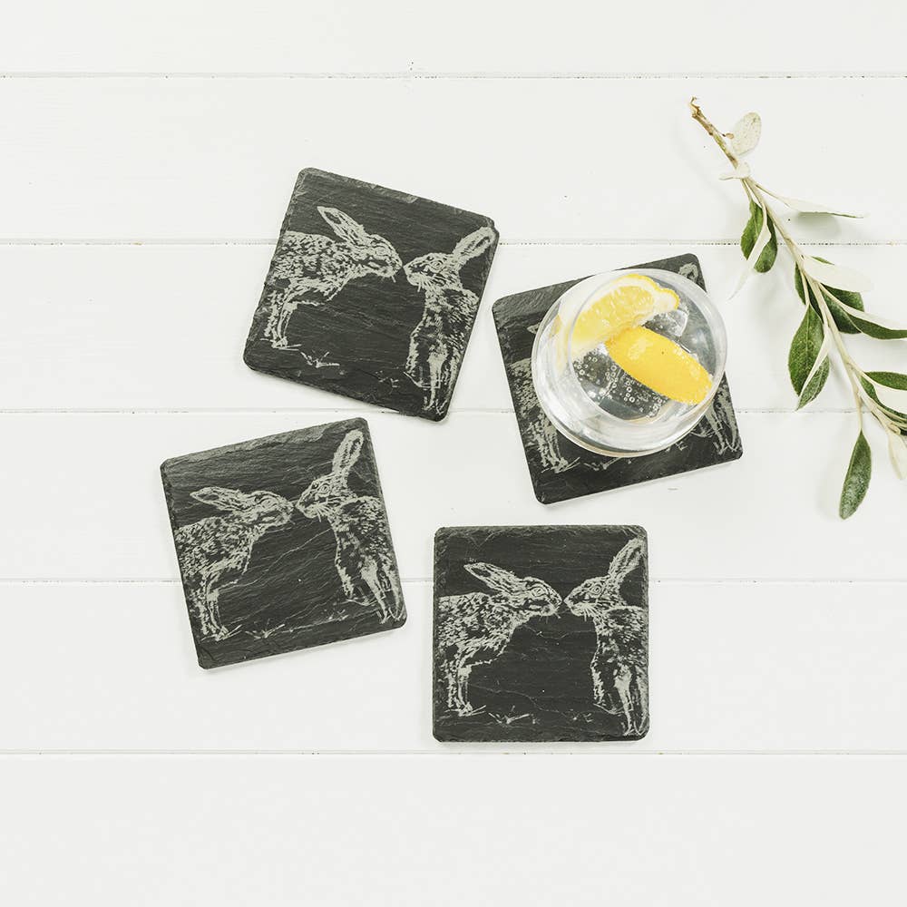 4 Kissing Hares Slate Coasters-1