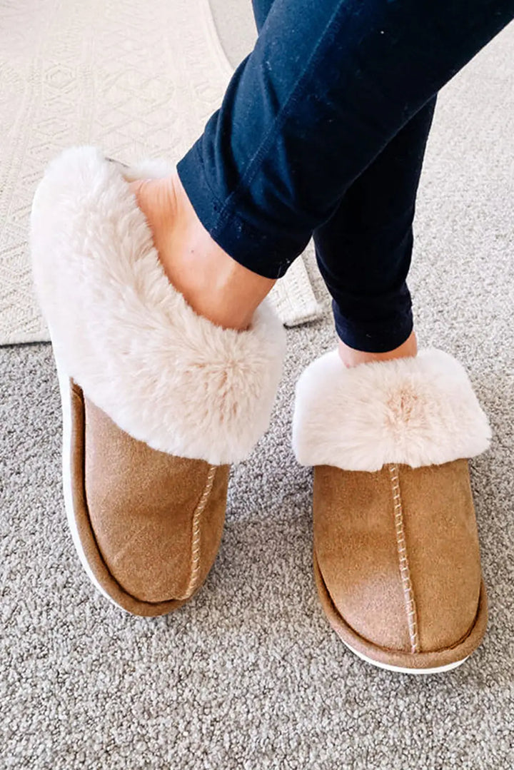Camel Plush Suede Winter Home Slippers-0