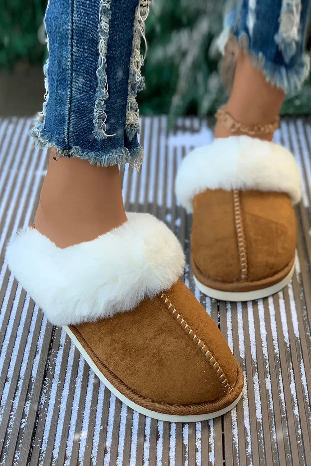 Camel Plush Suede Winter Home Slippers-7