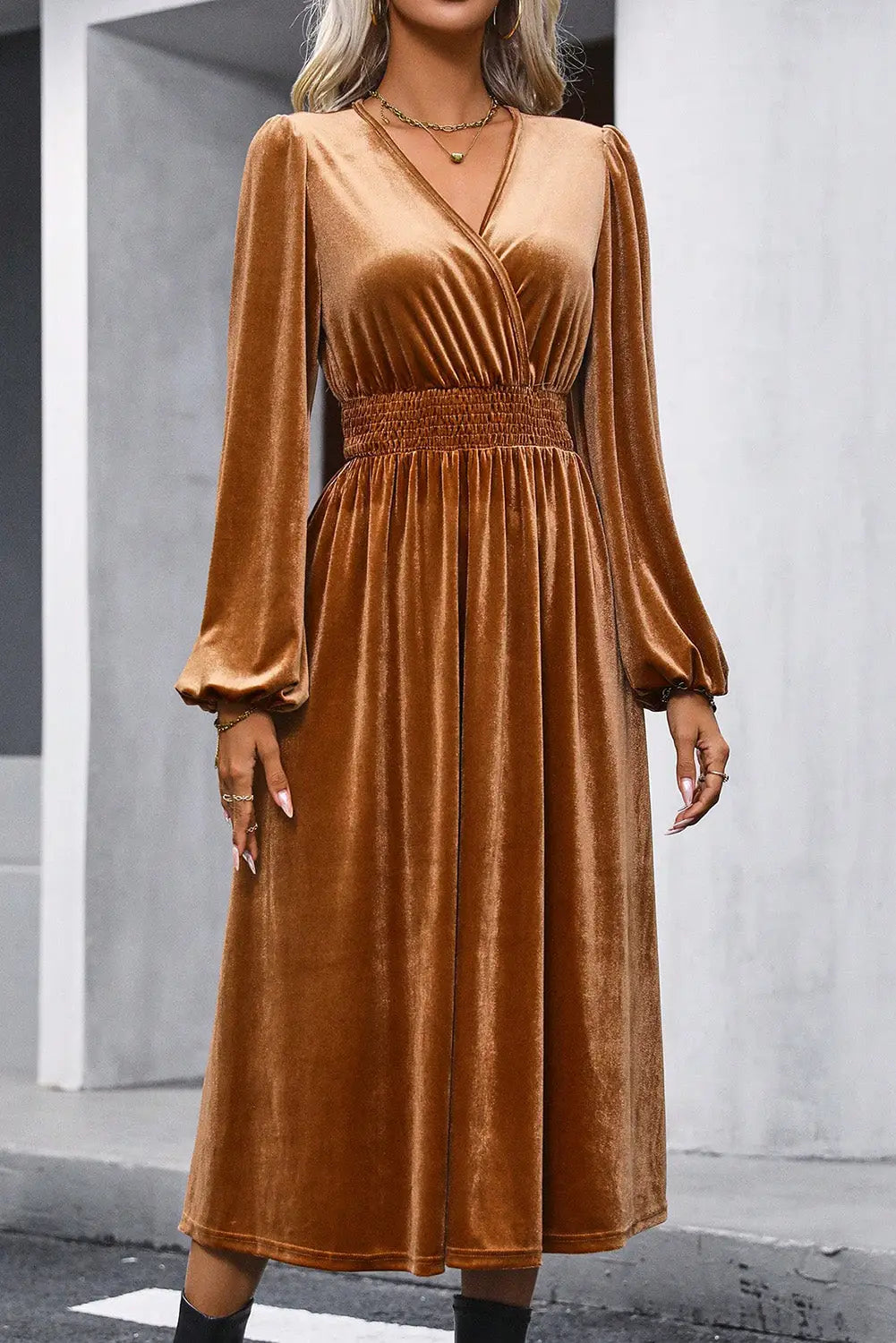 Camel Wrap V Neck Smocked High Waist Velvet Midi Dress Lily Ella Camel Wrap V Neck Smocked High Waist Velvet Midi Dress Lily Ella
