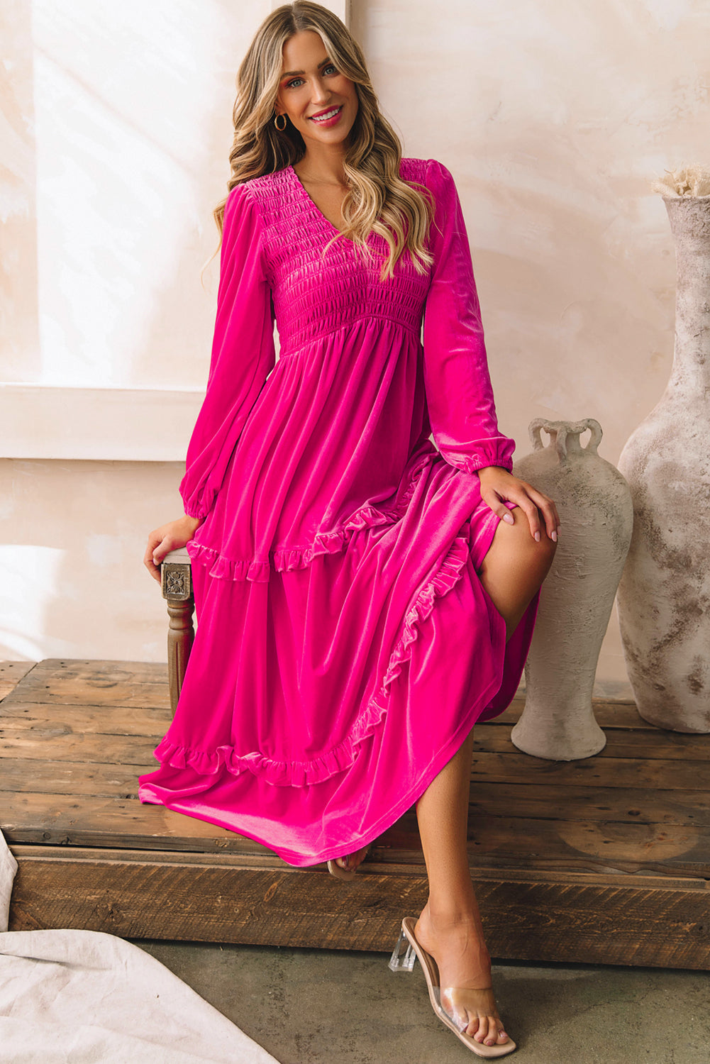 Rose Red Shirred V Neck Long Sleeve Velvet Dress Lily Ella Rose Red Shirred V Neck Long Sleeve Velvet Dress Lily Ella