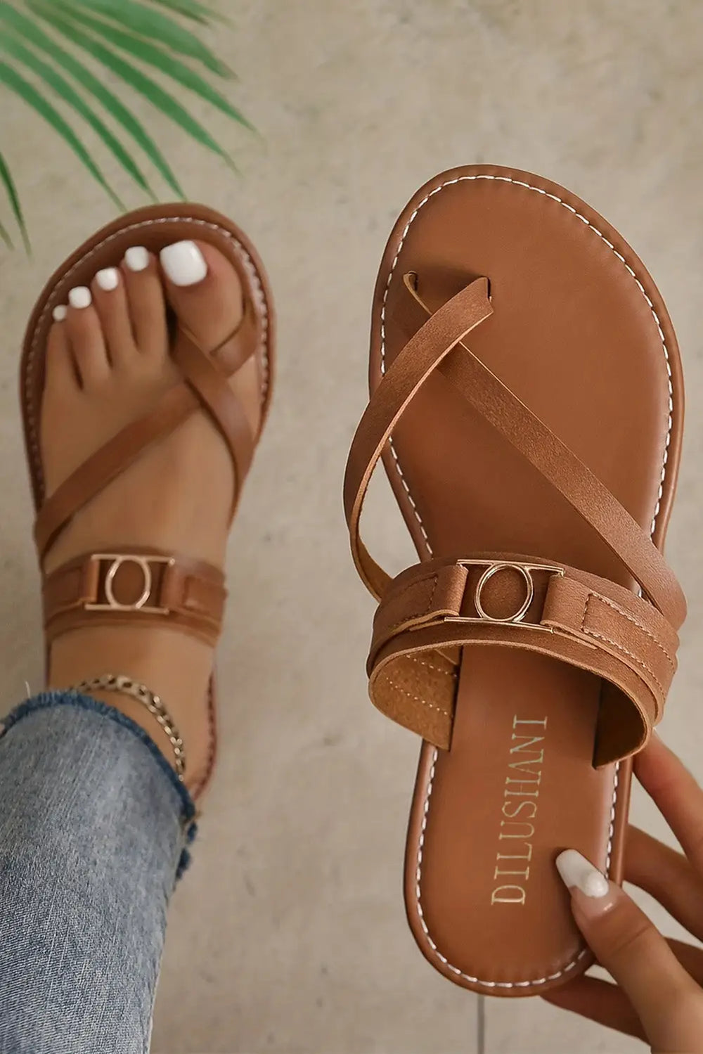 Chestnut Cross Toe Flat Sandals-0