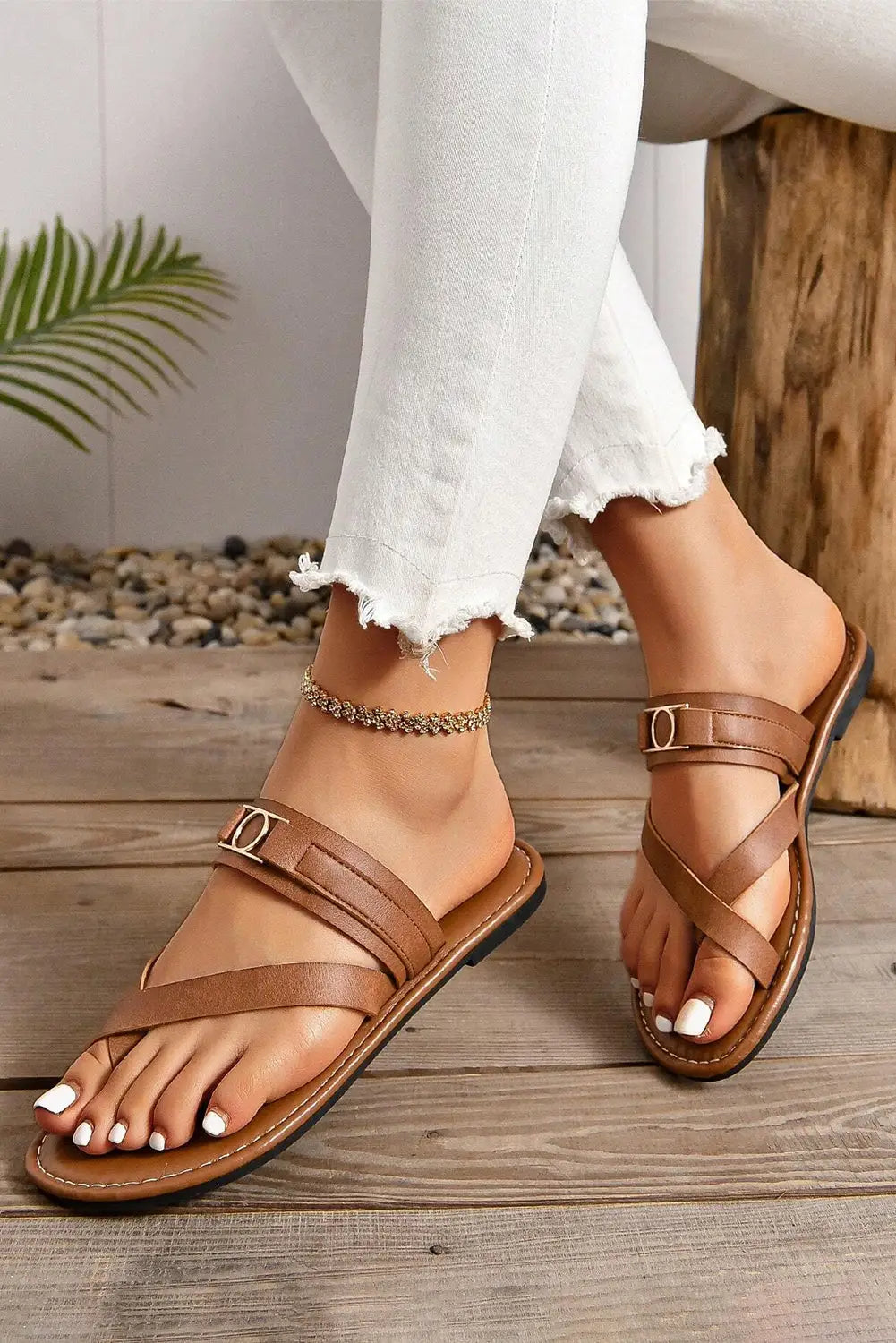 Chestnut Cross Toe Flat Sandals-4