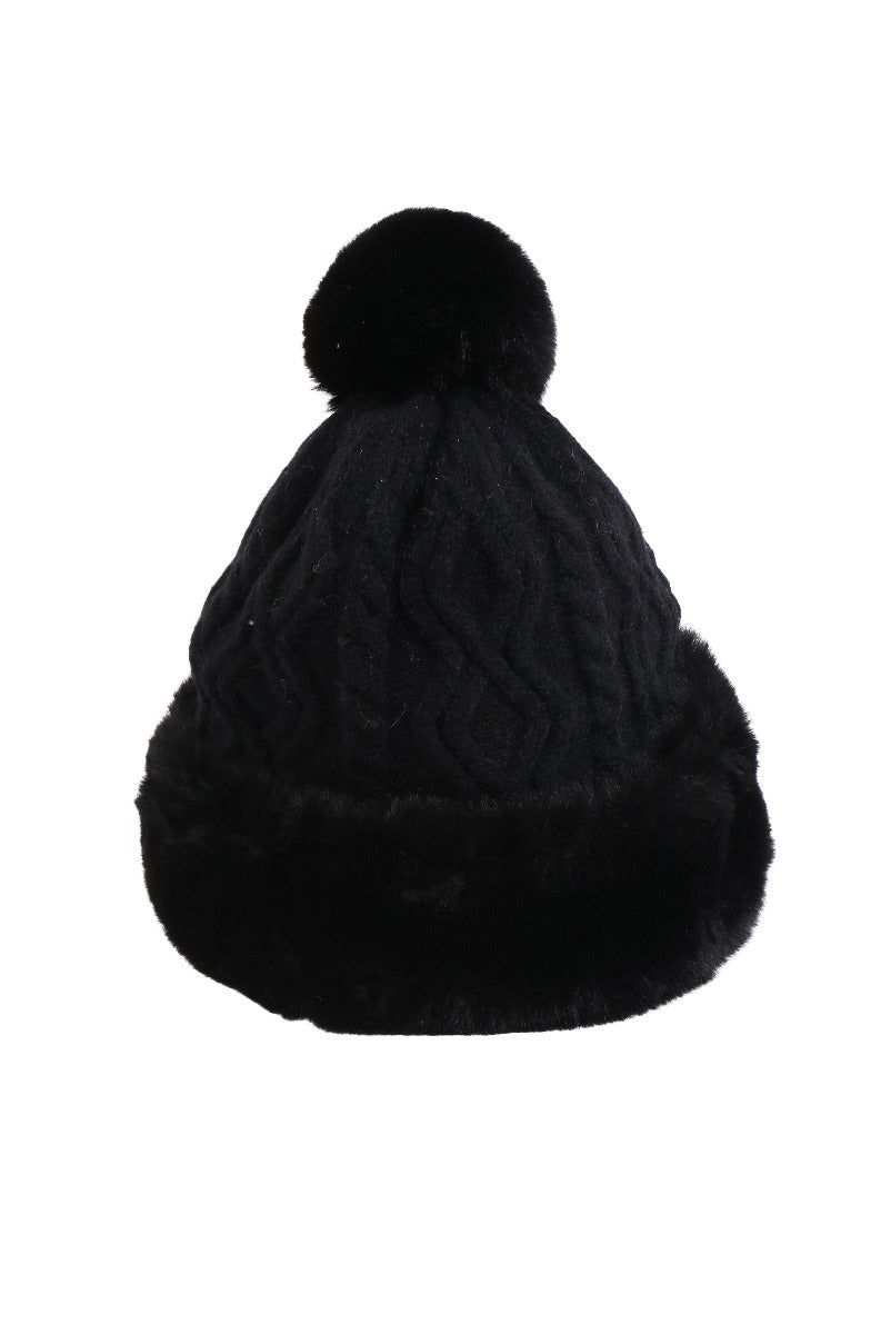 Lily Ella Collection black pom-pom beanie, women's knitted winter hat with cable pattern and fur trim