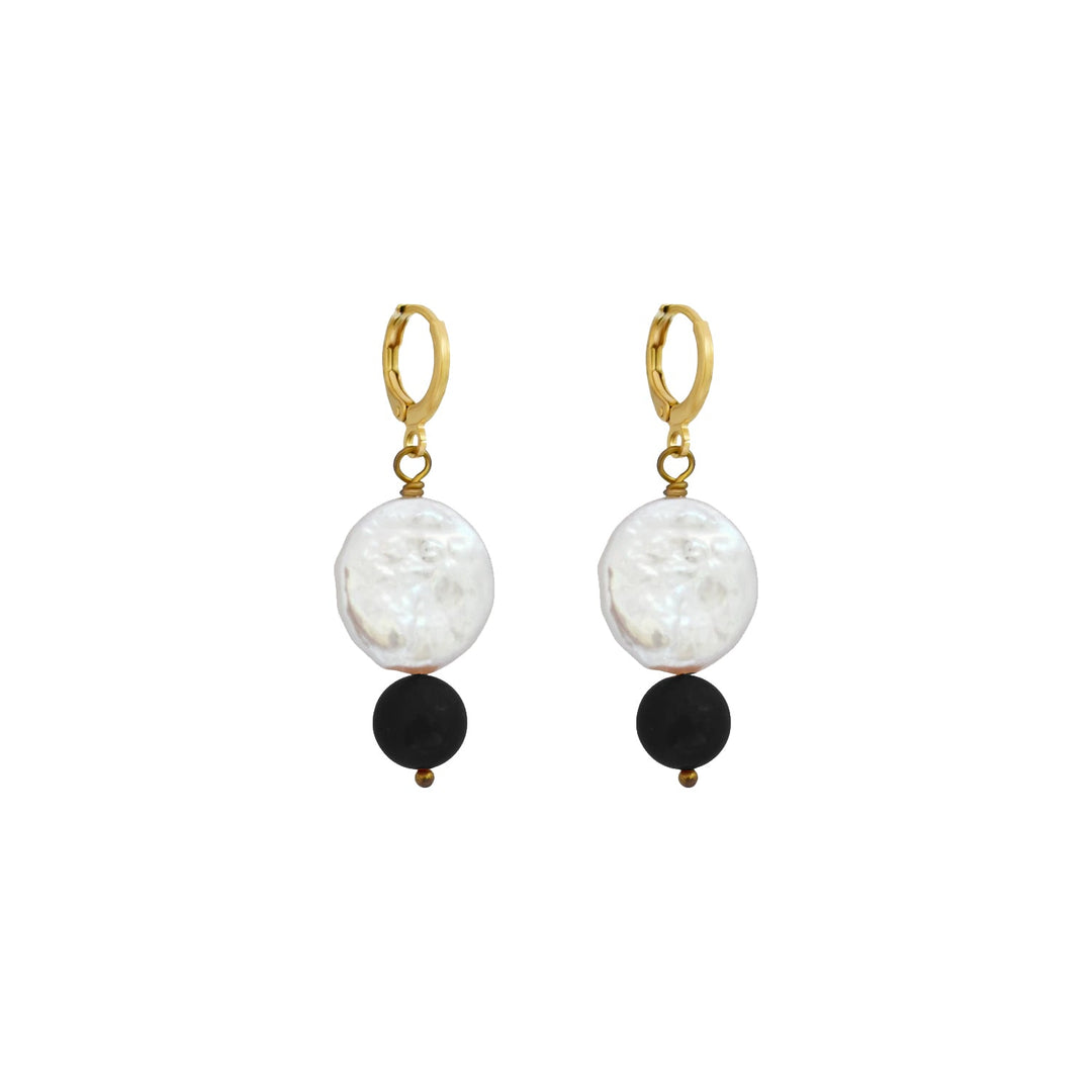 Coin freshwater pearl huggie earrings with black onyx gemstone bead | by Ifemi Jewels-0