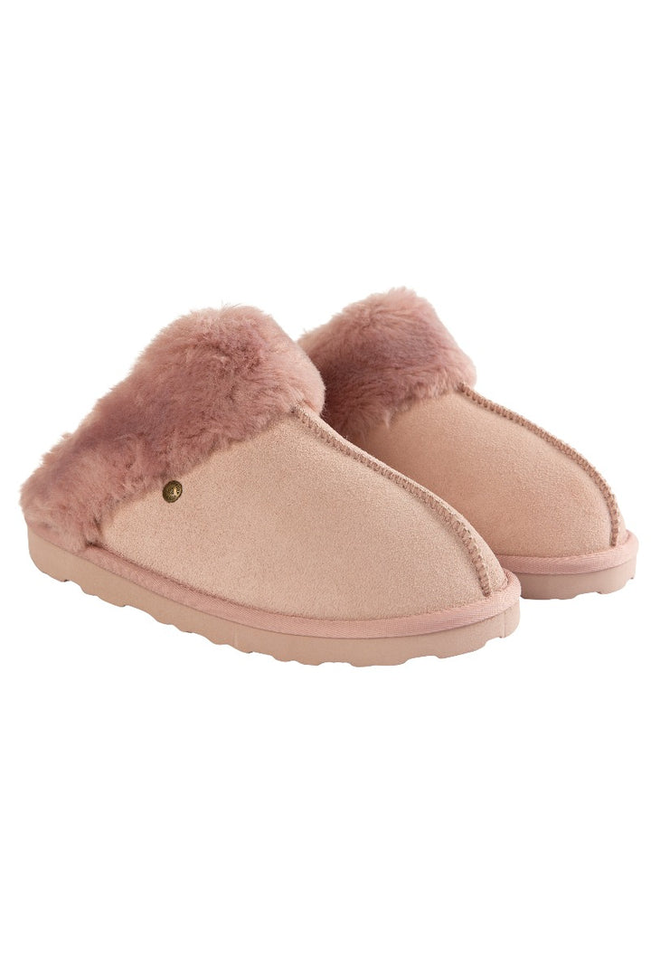 Lily Ella Collection luxurious pink faux fur slippers, comfortable women's indoor footwear with soft suede-like texture and durable sole.