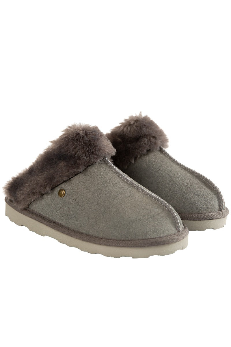 Lily Ella Collection cozy grey mule slippers with plush faux fur lining and trim, soft suede upper, and durable non-slip sole for women's indoor footwear