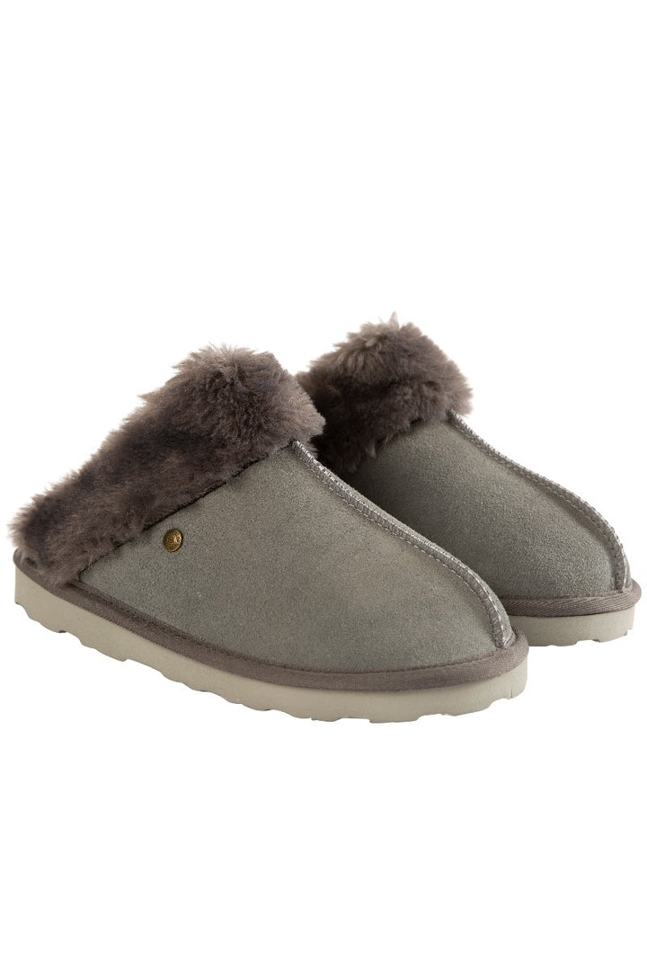 Lily Ella Collection cozy grey faux fur slippers for women, comfortable indoor footwear with soft lining and durable sole