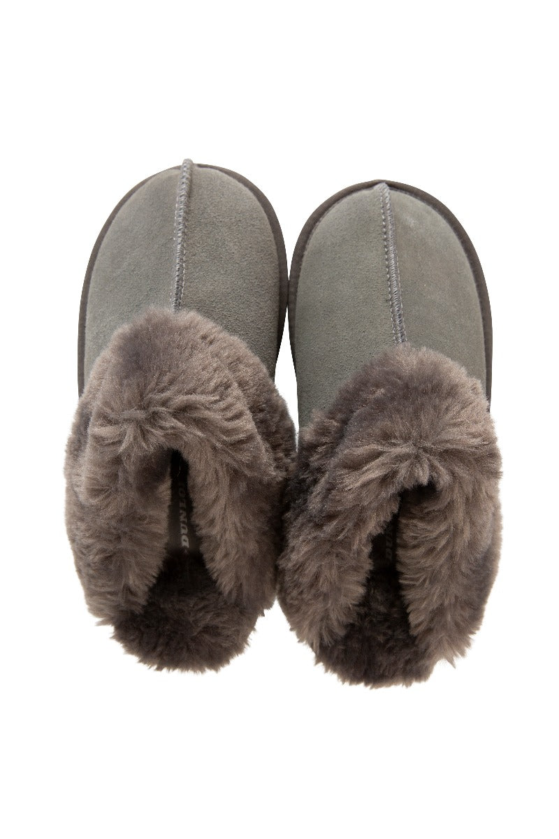 Lily Ella Collection grey soft slippers with fluffy pom-pom details, comfortable womens indoor footwear