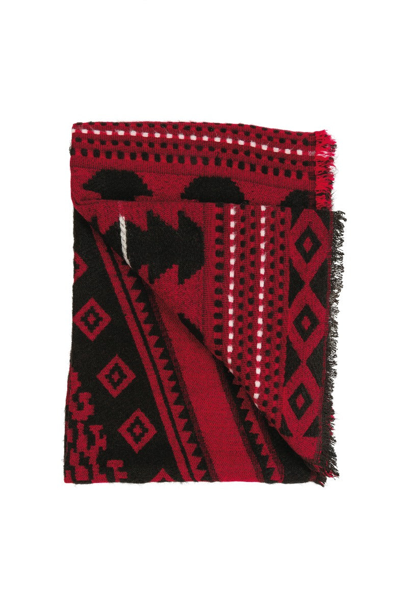Lily Ella Collection red and black patterned scarf, geometric design, women's winter accessory, stylish warm knit wrap.