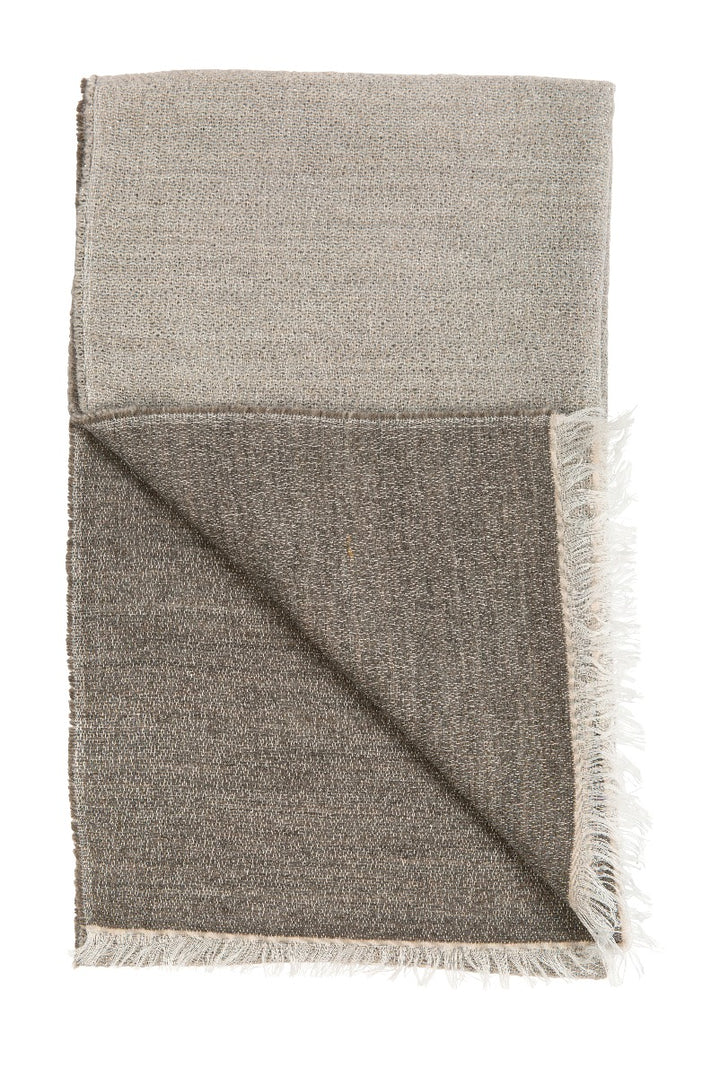 Lily Ella Collection taupe blanket scarf with fringe detailing, soft knit texture, elegant winter accessory for women