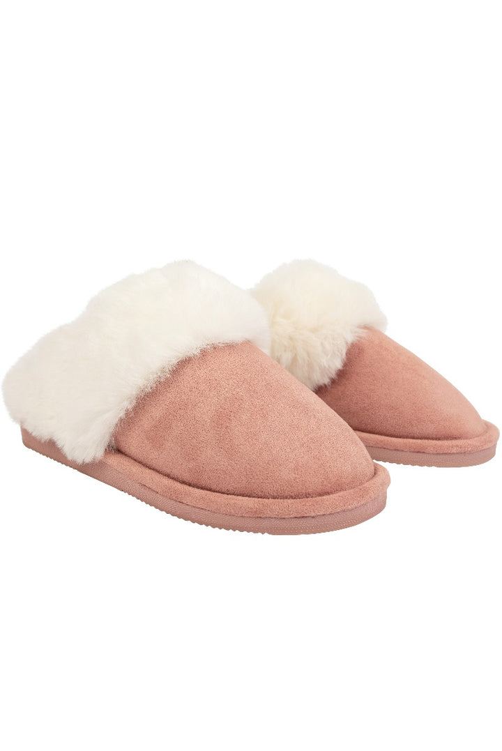 Lily Ella Collection women's blush pink fluffy slippers with white faux fur trim, comfortable indoor footwear, stylish cozy slip-on design