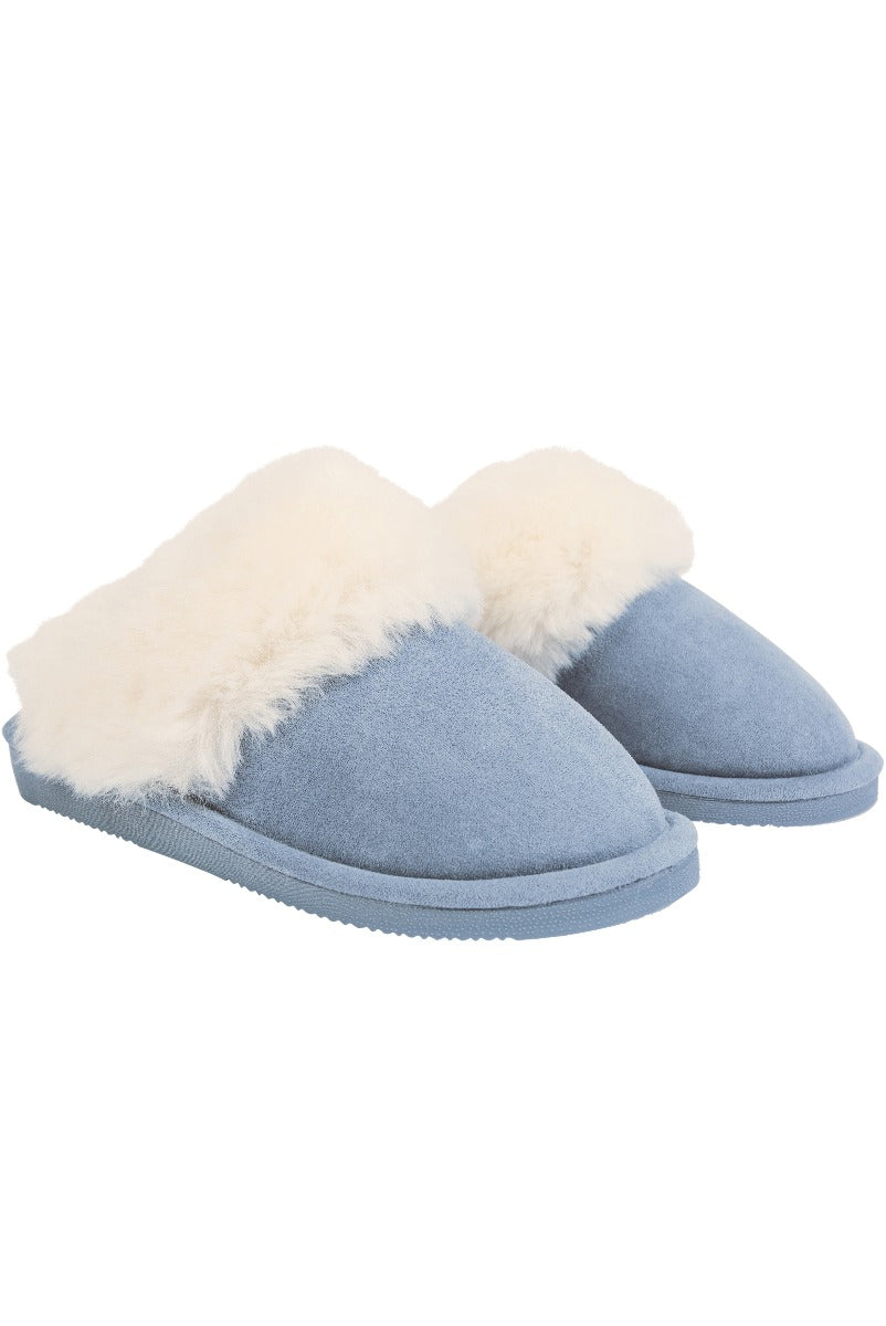 Lily Ella Collection blue women's cozy slippers with fluffy cream lining, comfortable indoor footwear, stylish warm slip-on shoes
