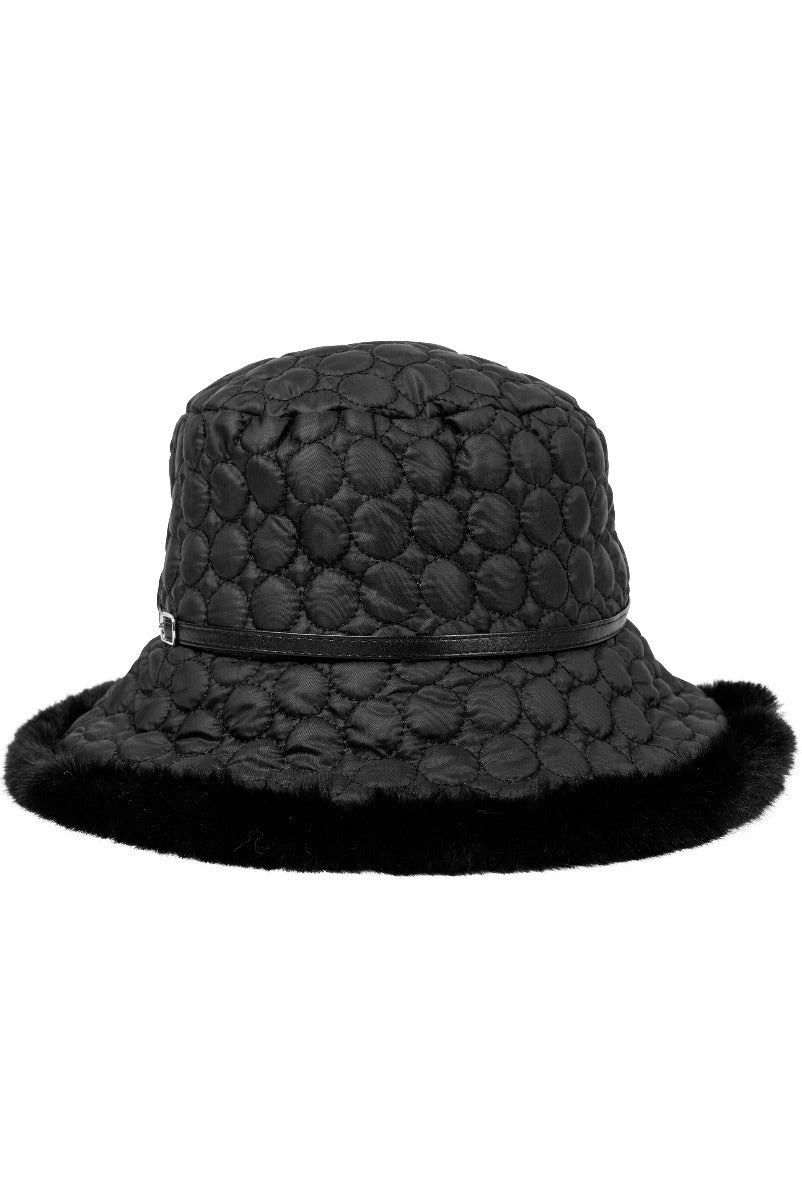 Lily Ella Collection black quilted bucket hat with faux fur trim for women's winter fashion accessory.