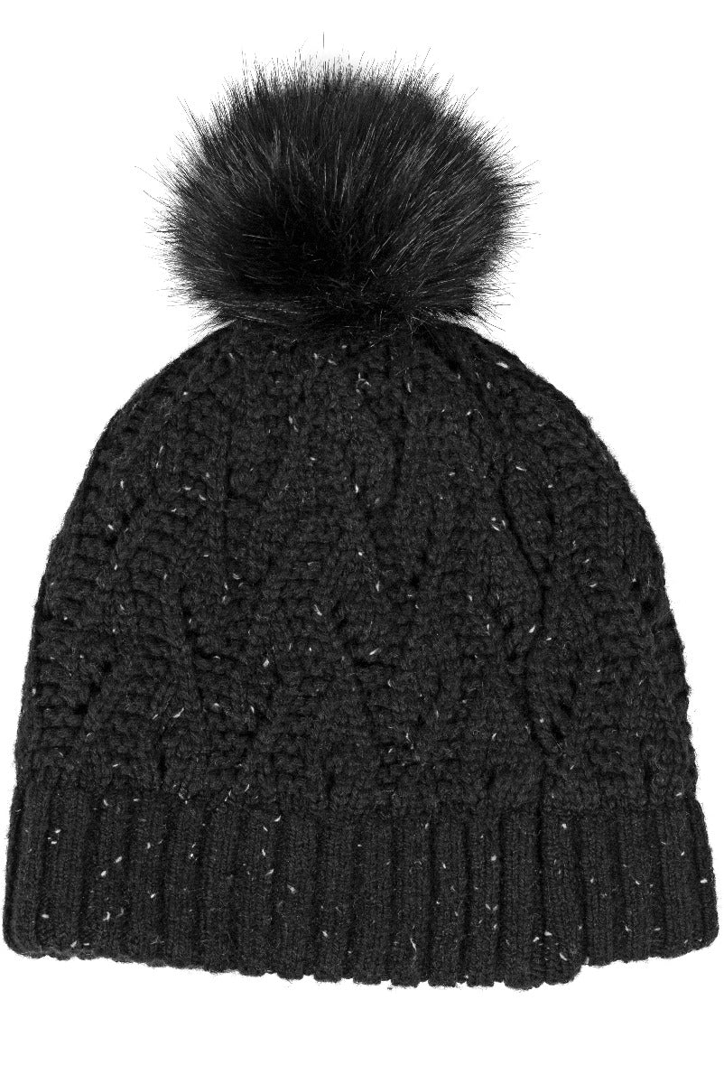 Lily Ella Collection black knitted beanie with pom-pom, women's winter accessory, cozy cable knit pattern hat