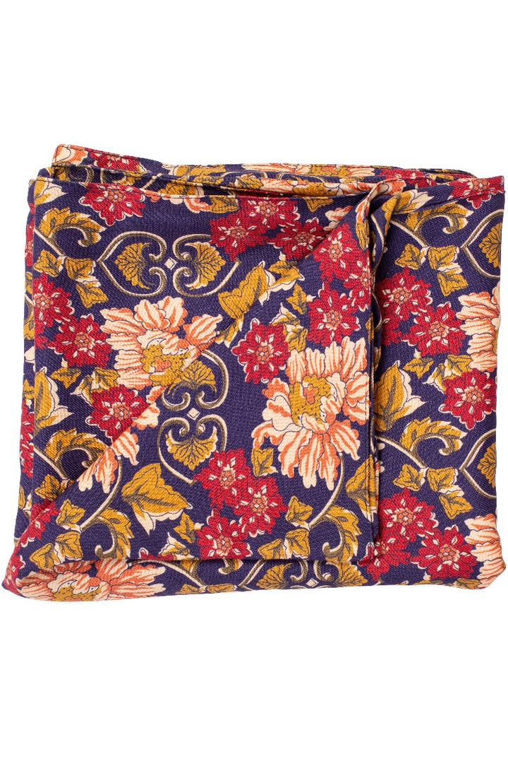 Lily Ella Collection blue floral patterned scarf, women's elegant navy and red autumnal accessory, stylish mixed floral print design