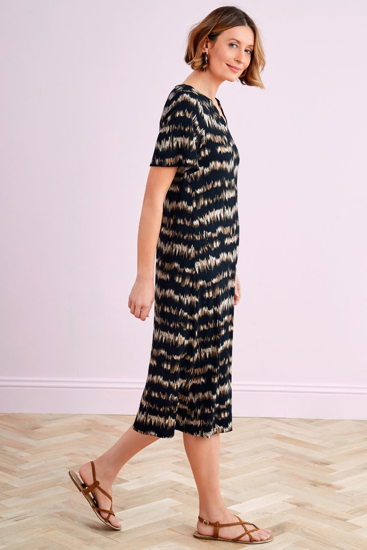 Lily Ella Collection elegant black and tan patterned midi dress for women, featuring short sleeves and stylish comfort, perfect for casual and semi-formal occasions.