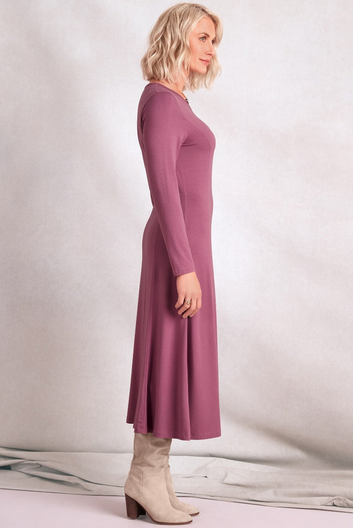 Lily Ella Collection elegant mauve mid-length dress with long sleeves and beige ankle boots for women