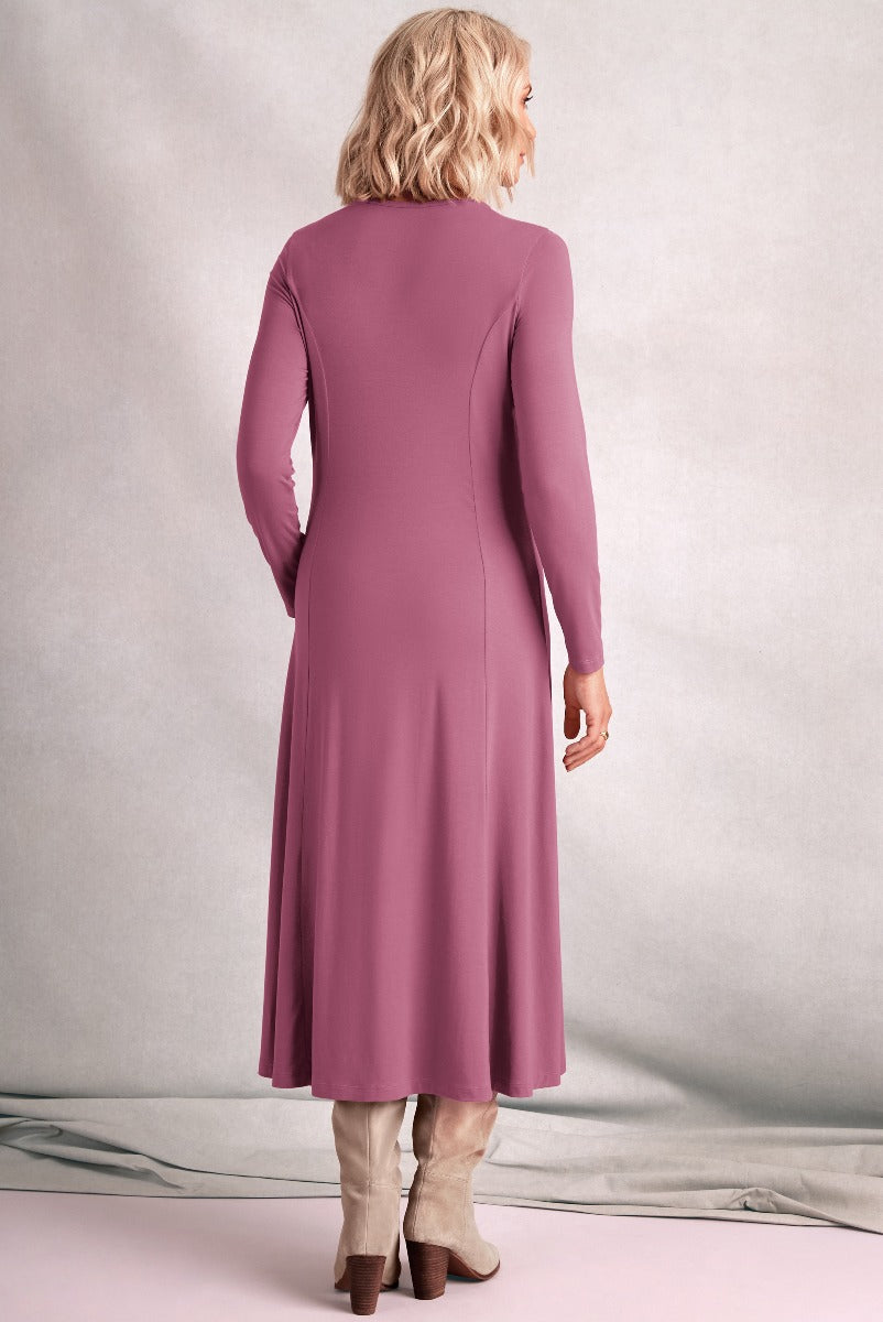 Lily Ella Collection elegant long-sleeve mauve mid-length dress styled with beige ankle boots, showcasing classic women's fashion and everyday style.