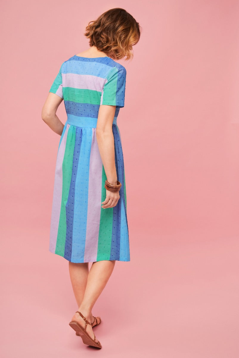 Lily Ella Collection pastel striped mid-length dress with short sleeves, blue and green hues, elegant summer style, women's fashion.