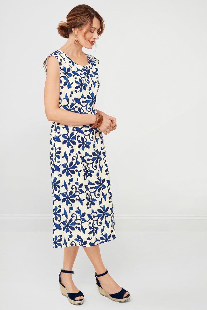 Lily Ella Collection elegant blue floral patterned summer dress with matching wedge sandals for women
