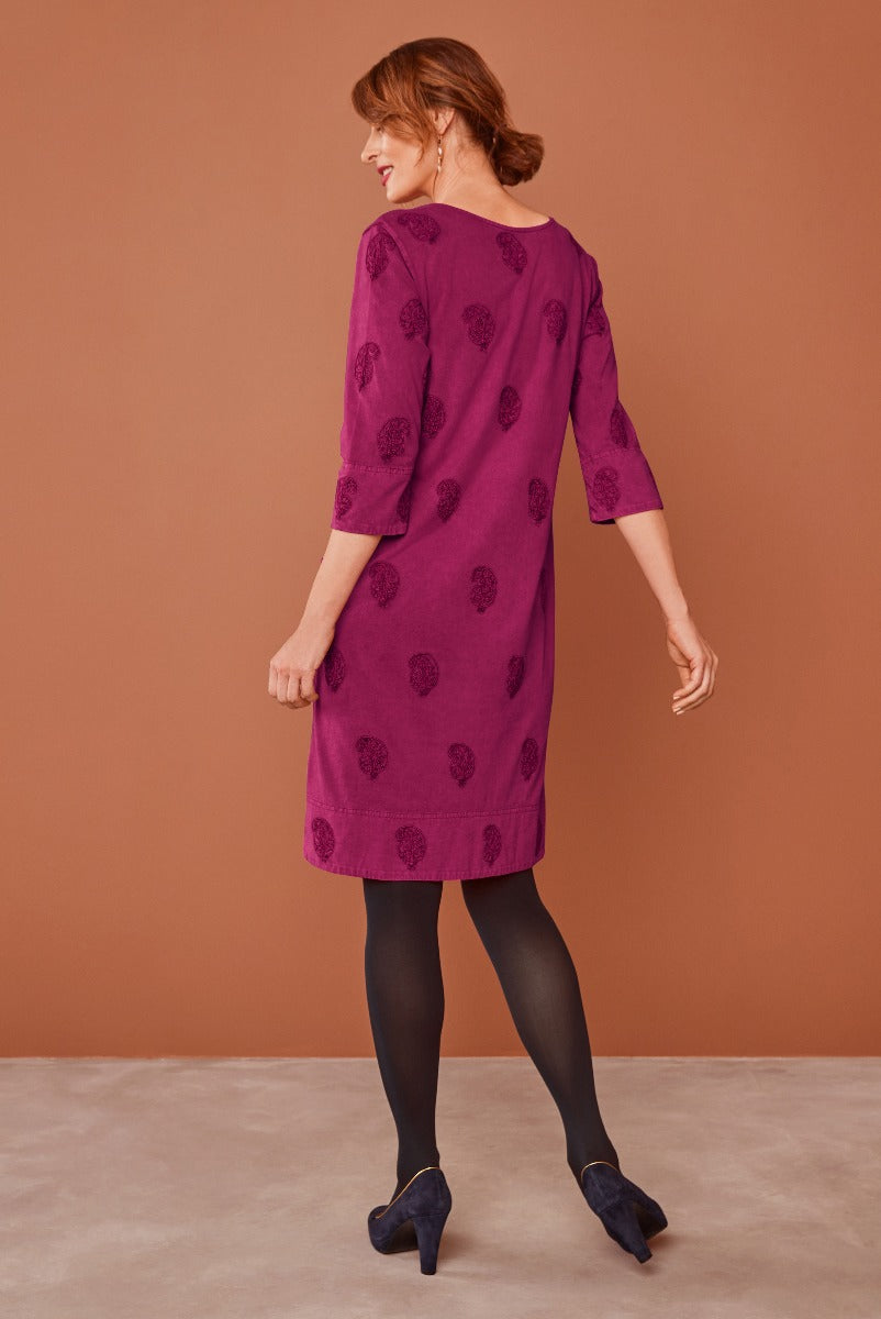 Lily Ella Collection purple floral A-line dress with three-quarter sleeves and black tights, elegant women's fashion, stylish autumn outfit.