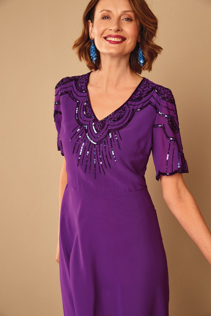 Lily Ella Collection elegant purple dress with sequin embroidery and short sleeves for women