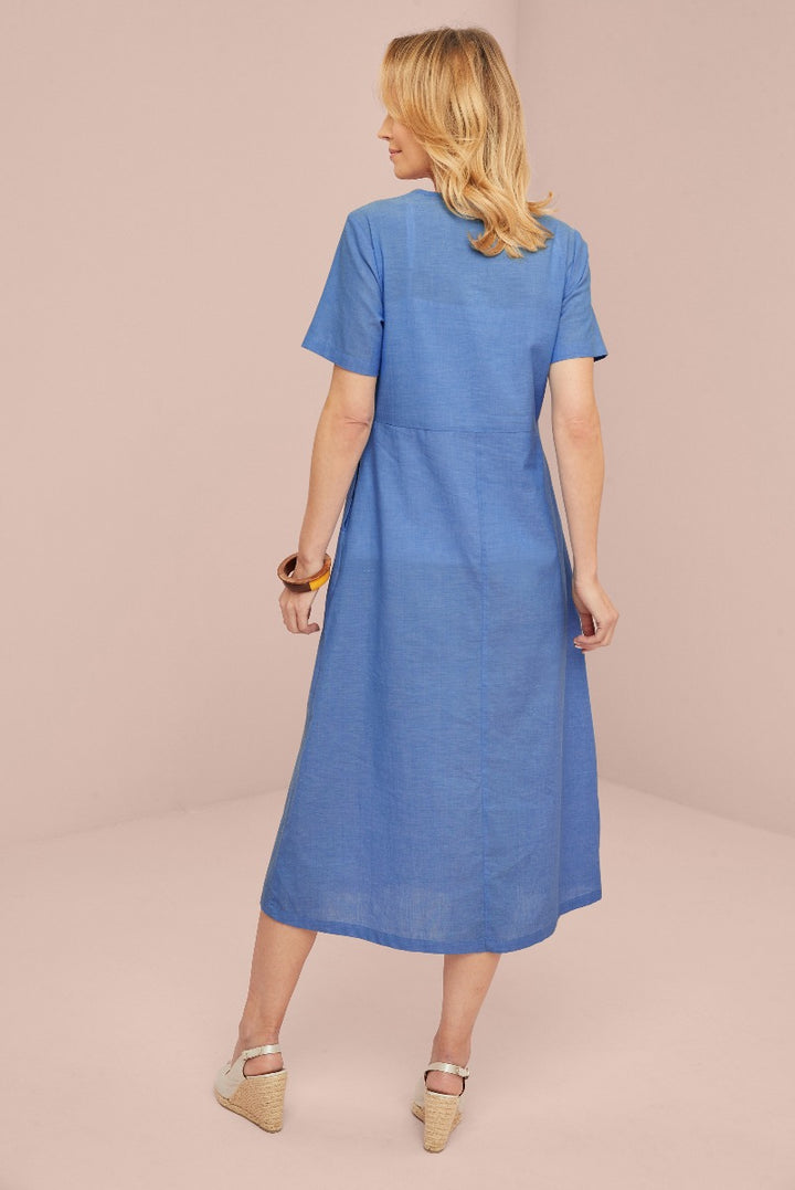 Lily Ella Collection blue linen midi dress with short sleeves and wedge sandals, elegant summer women's fashion.
