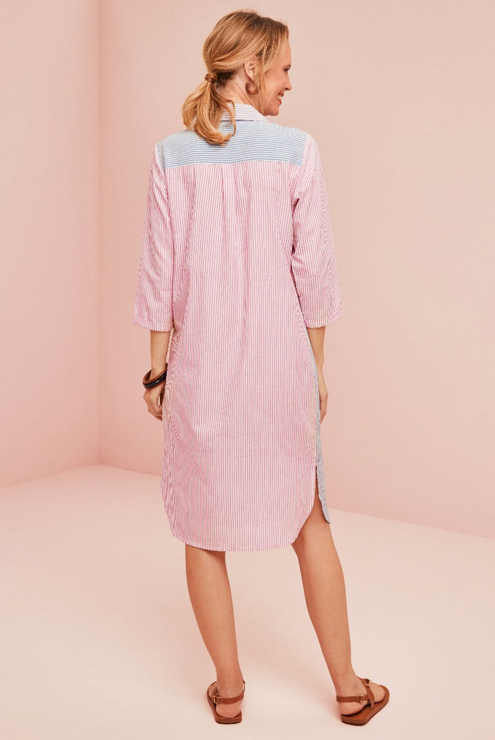 Lily Ella Collection stylish pink and blue striped tunic dress, rear view on a model, featuring a contrast yoke and side slits, perfect for casual spring and summer fashion.