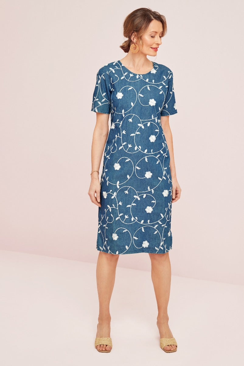 Lily Ella Collection blue floral pattern midi dress with short sleeves, elegant women's fashion, stylish summer outfit ideas, paired with gold sandals