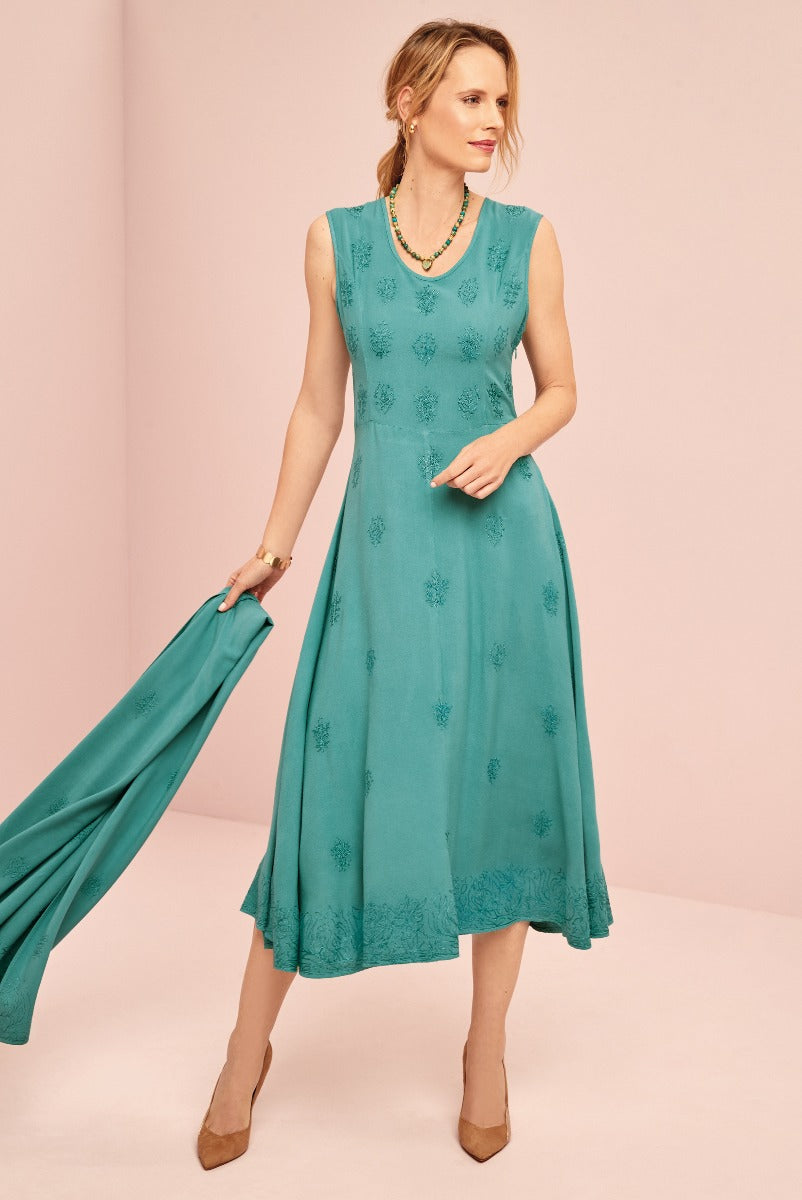 Lily Ella Collection teal sleeveless dress with floral embroidery and coordinating scarf accessory, elegant mid-length design ideal for spring and summer fashion.