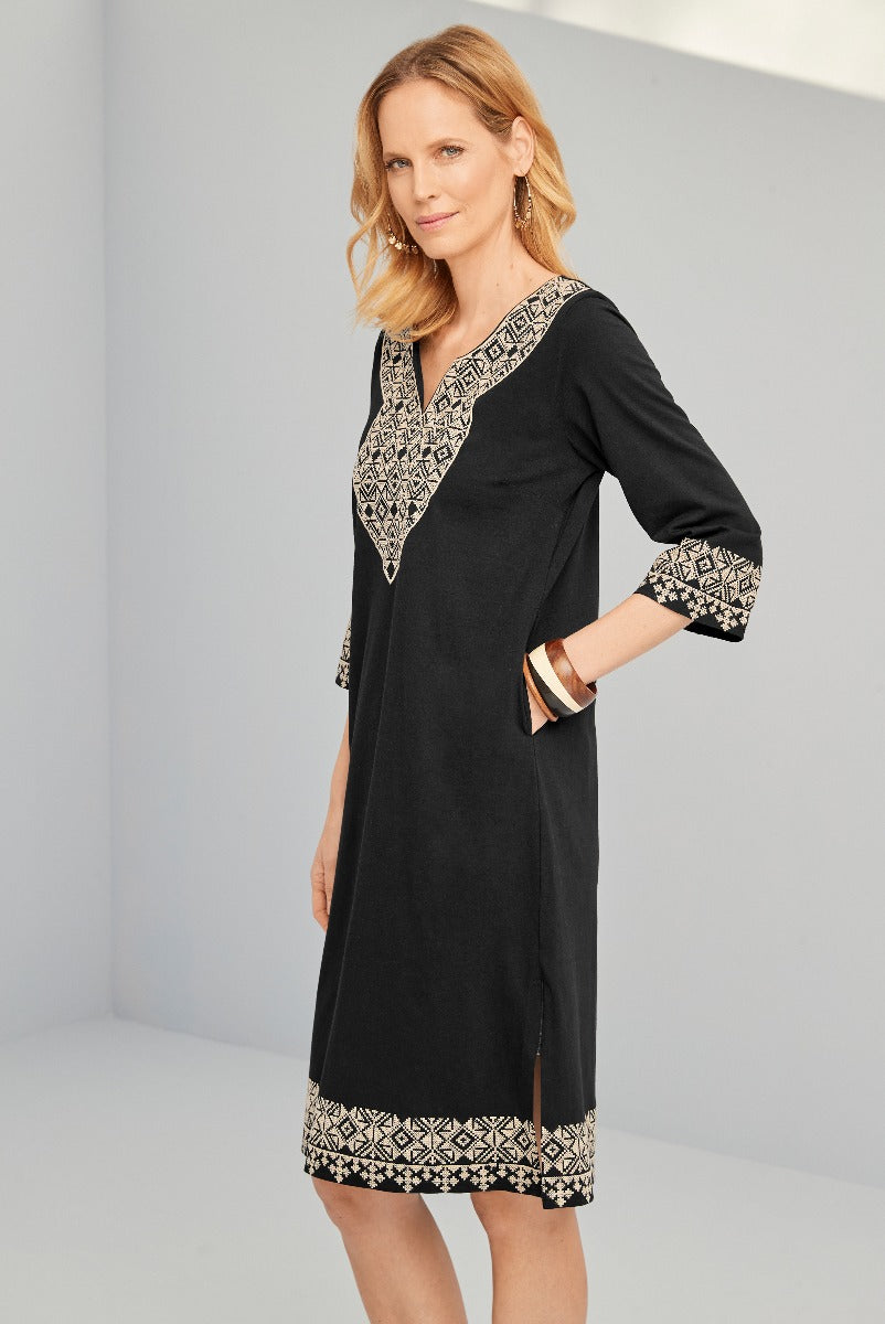 Lily Ella Collection elegant black tunic dress with embroidered trim, three-quarter sleeves, V-neckline, casual wear for women