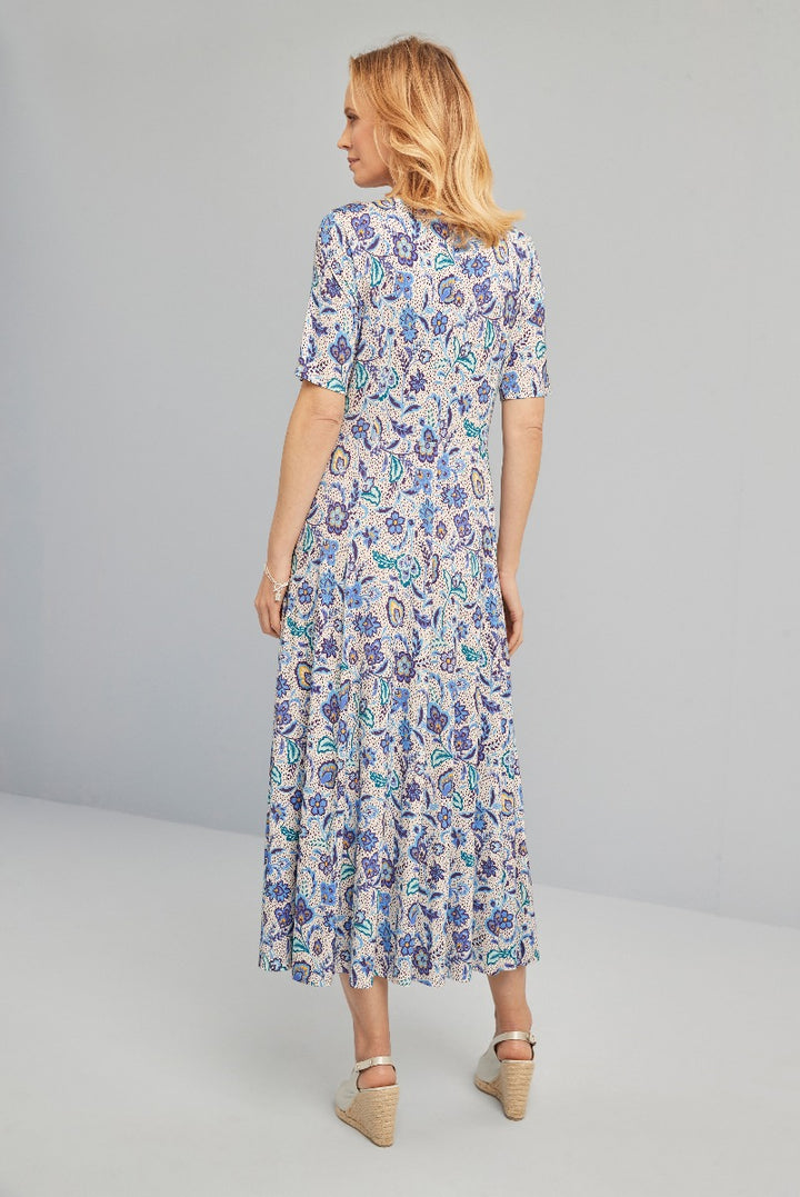 Lily Ella Collection blue paisley midi dress with short sleeves and wedge heels, fashionable women's summer outfit