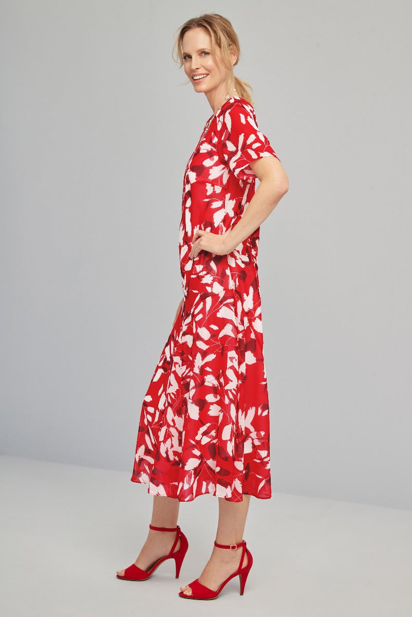 Lily Ella Collection stylish red and white floral mid-length dress with short sleeves and red high-heel sandals for women