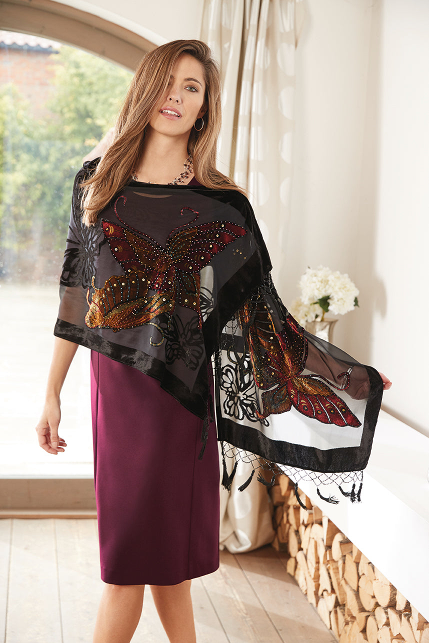 Lily Ella Collection elegant burgundy pencil dress with black embroidered butterfly shawl for women's evening wear