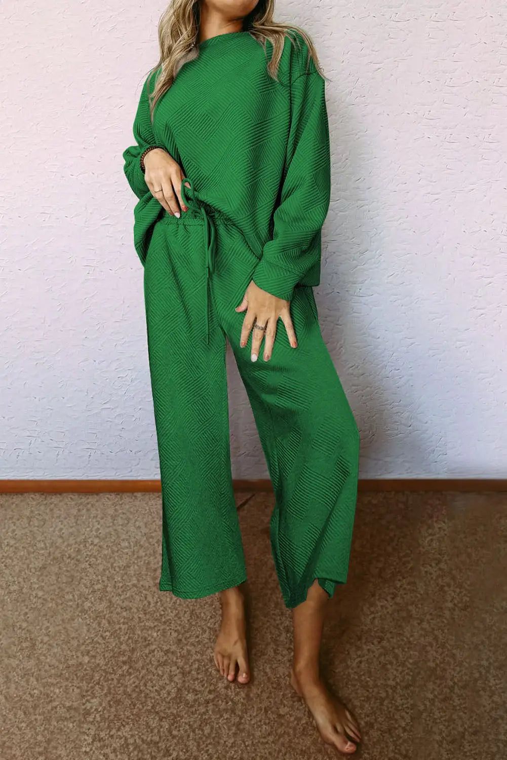 Dark Green Ultra Loose Textured 2pcs Slouchy Outfit-0