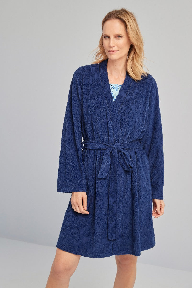 Lily Ella Collection elegant blue floral embossed robe, women's stylish loungewear, cozy wrap design with tie belt, comfortable knee-length bathrobe, versatile indoor fashion