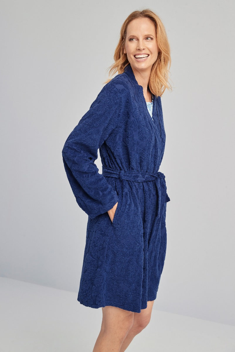 Lily Ella Collection navy blue textured bathrobe, mid-length women's loungewear, comfortable stylish home apparel with waist tie detail.