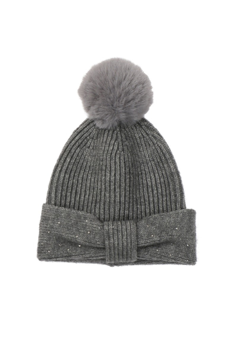 Lily Ella Collection women's grey ribbed knit beanie with faux fur pom-pom and shimmer detail