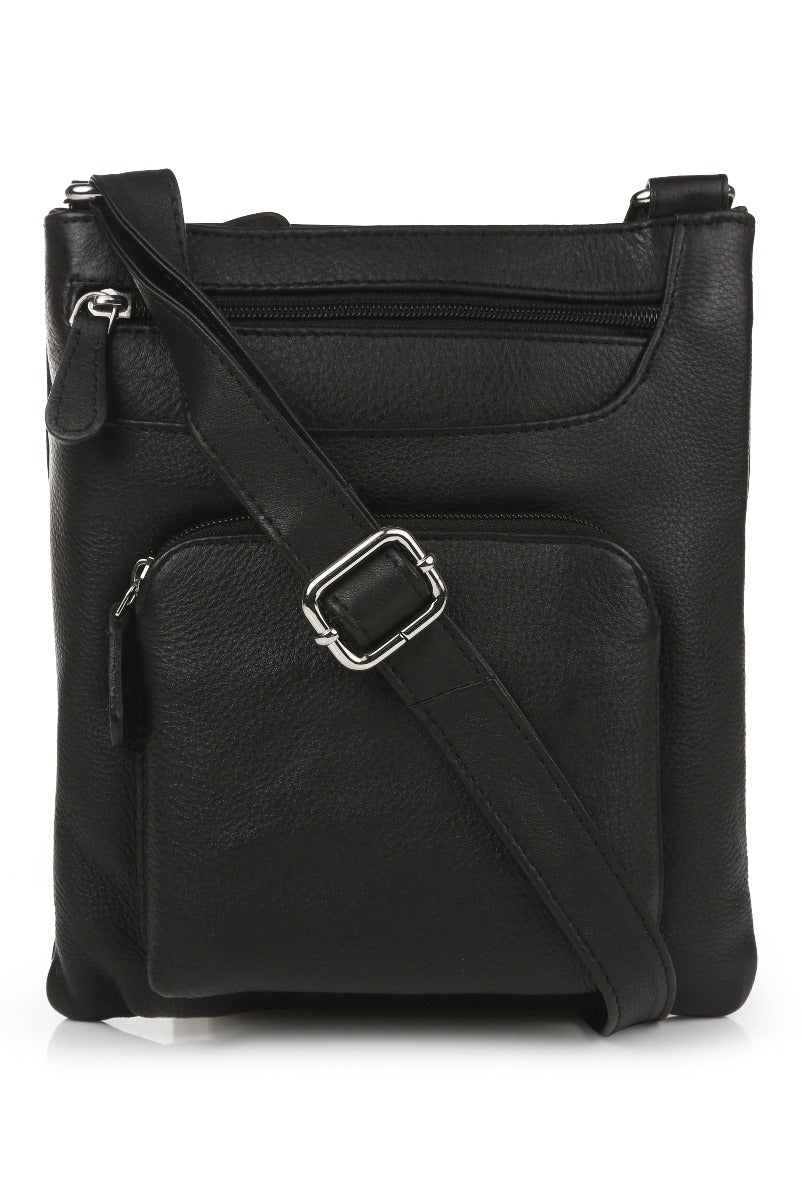 Lily Ella Collection black leather crossbody bag with silver buckle detail and zipper compartments
