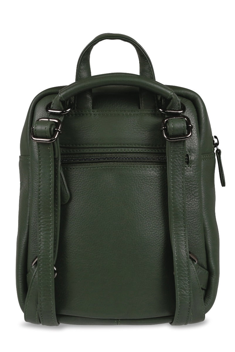 Lily Ella Collection green leather backpack, stylish women's fashion accessory, elegant design with multiple compartments, durable shoulder straps and hardware details.
