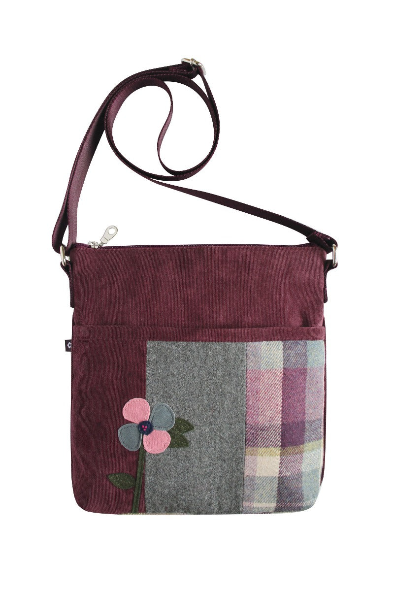 Lily Ella Collection maroon crossbody bag with grey plaid patchwork and floral appliqué, adjustable strap, trendy women's accessory