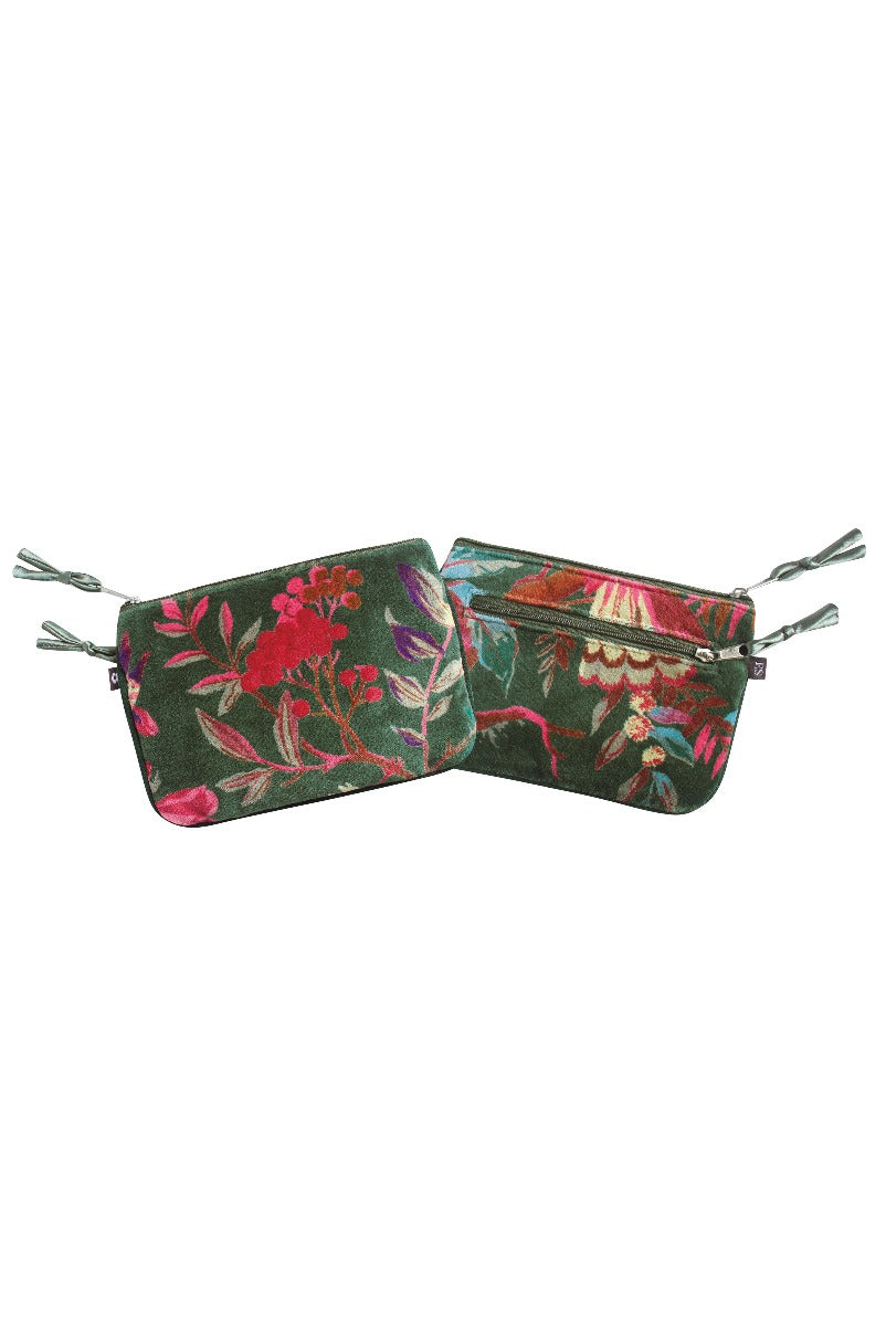 Lily Ella Collection vintage-inspired green velvet floral cosmetic bags, elegant travel-friendly pouches, intricate pink and red flower embroidery patterns, stylish beauty accessory essentials