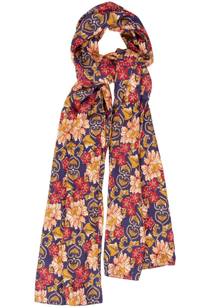 Lily Ella Collection floral print scarf in navy with red and gold accents, women's elegant autumn fashion accessory
