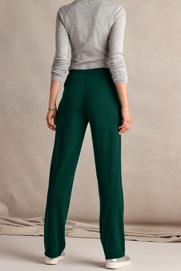 Lily Ella Collection elegant emerald green trousers for women, sophisticated wide-leg design, paired with a casual grey sweater, stylish apparel for modern fashion trends.