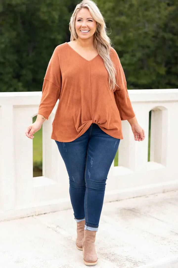 Gold Flame Plus Size Twist Hem Bracelet Sleeve Ribbed Top-3