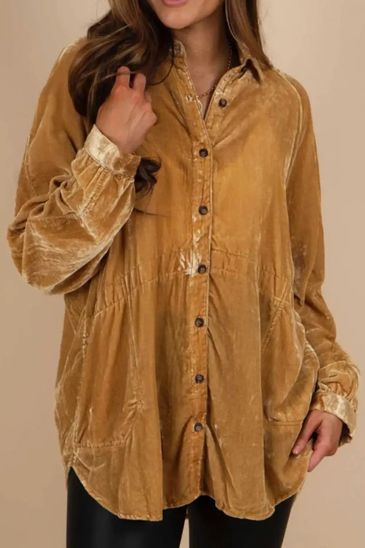 Gold Solid Color Button Up Loose Fit Velvet Shirt-0