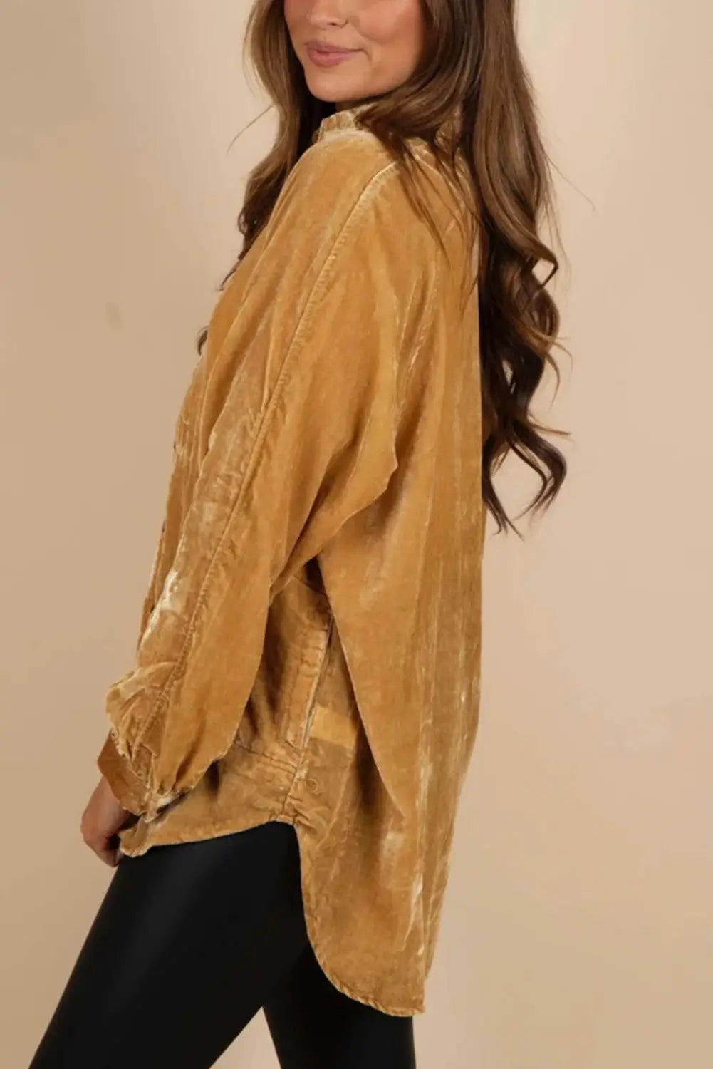 Gold Solid Color Button Up Loose Fit Velvet Shirt-2