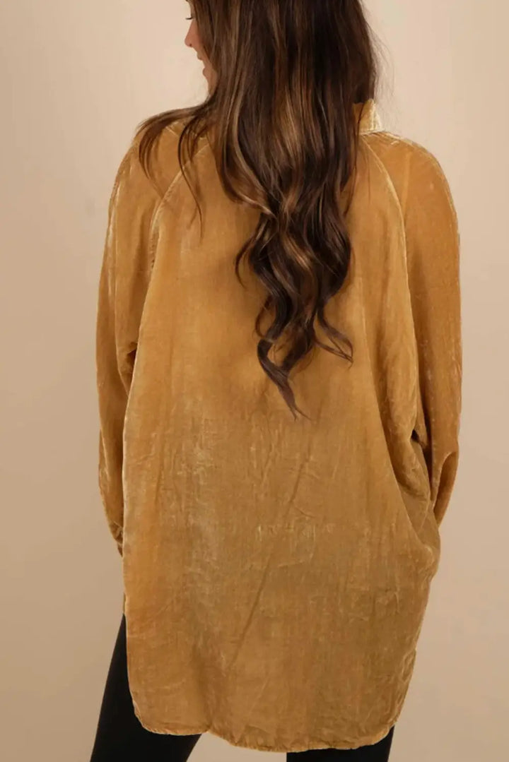 Gold Solid Color Button Up Loose Fit Velvet Shirt-1